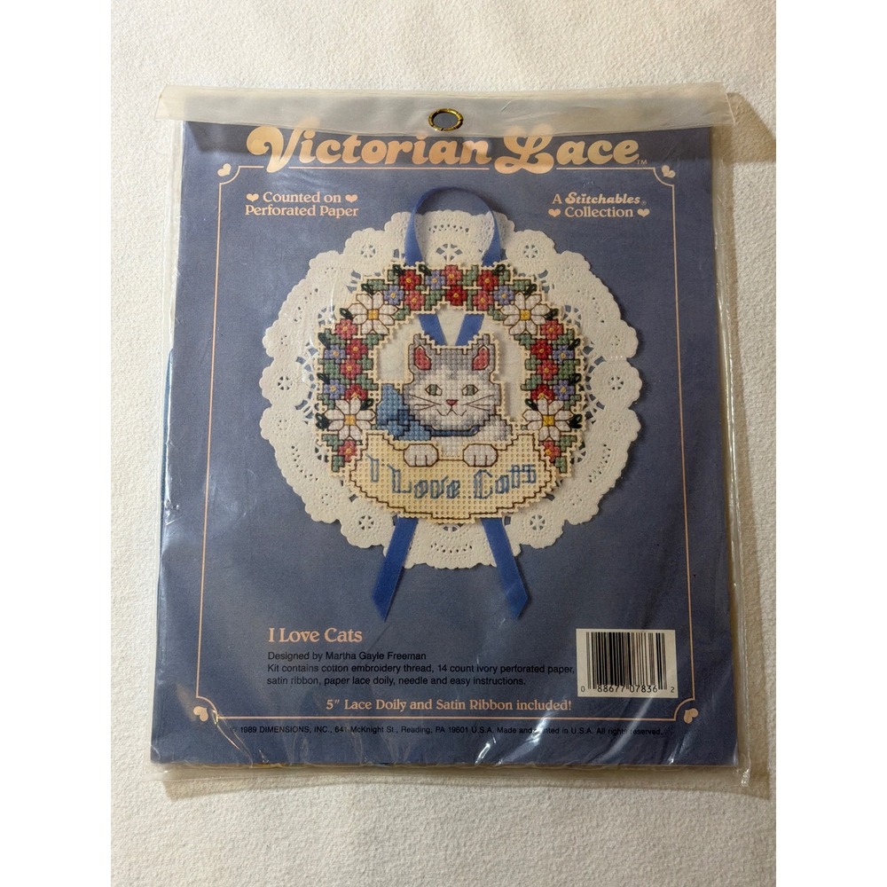 Vintage 1989 Dimensions Victorian Lace I Love Cats Cross Stitch Kit 7836 New